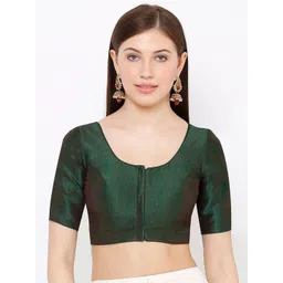 SALWAR STUDIO Women Green Solid Mulbury Silk Readymade Saree Blouse-picture-23