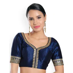 SALWAR STUDIO Women Navy Blue Woven Design Silk Saree Blouse-picture-35