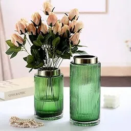 Samara Home: Beautiful Green Glass Vases for Home Decor (Set of Two) | Living Room Flower Centre Piece Decorations | Green Decorative Vases for Table Top-picture-33