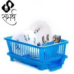 samarth Dish Drainer Kitchen Rack 3 in 1 Durable Plastic Kitchen Sink Dish Drying Drainer Rack Holder Basket Organizer with Tray Utensils Tools Cutlery (Blue) Plastic-picture-11