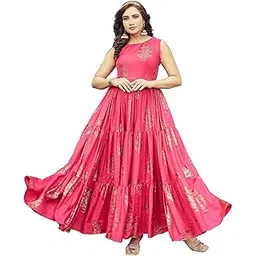 samprag Rayon Gown for Women | Full Length | Printed | Fit & Flare | Sleevesless | Round Neck | Stylish | Ethenic Dress | Ideal for Casual, Wedding & Party Occassions | Pink image 1