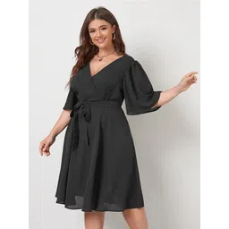Samsara Couture Plus Size V-Neck Flared Sleeves Tie-Ups Detail Fit & Flare Dress-picture-31