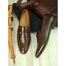 San Frissco Men Brown Animal Textured Buckle Loafers-picture-24