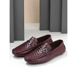 San Frissco Men Maroon Woven Design Leather Horsebit Loafers-picture-30