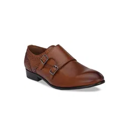 San Frissco Men Tan Brown Solid Leather Formal Monks-image-41