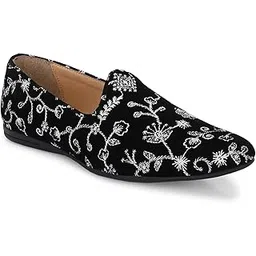 san frissco Men's Loafers Embroidered Velvet Casual Slip On Shoes/Soft Cushioned Footbed Insole with TPR Sole/Trending Lightweight Mojaris Perfect for Party Weddings Festive Season - 8 (Black)-picture-19