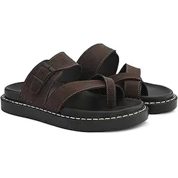 san frissco Men's Sandals with Round Toe | Perfect Fit for Summer and Rainy Season Anti-Slippery with PU Footbed Easy to Walk Slipper, Chappal | Stylish Casual Trendy Floaters for Men -(BROWN)9-picture-40