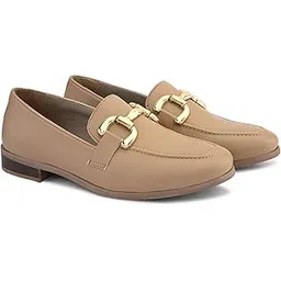 san frissco Women’s Loafers | Solid Round Toe Slip-On Shoes for Women PU Moccasins with Horsebit & Buckle | Comfortable $ Lightweight for Casual, Office & Daily Use - 7 (Beige) W 10004-picture-17