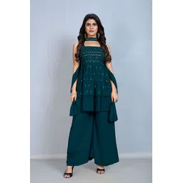 SANCIA Women Embroidered Layered Sequinned Kurta with Palazzos & With Dupatta-picture-17