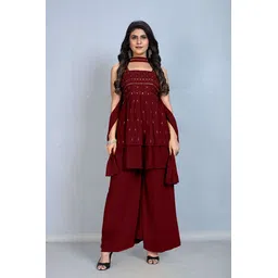 SANCIA Women Embroidered Layered Sequinned Kurta with Palazzos & With Dupatta-picture-19
