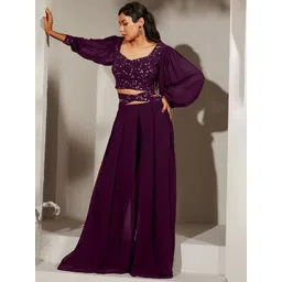 SANCIA Women Ethnic Motifs Embroidered Regular Sequinned Top with Palazzos-picture-32