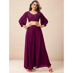 SANCIA Women Ethnic Motifs Embroidered Regular Sequinned Top with Palazzos-picture-21