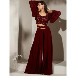 SANCIA Women Ethnic Motifs Embroidered Regular Sequinned Top with Palazzos-picture-27