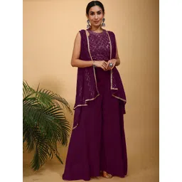 SANCIA Women Ethnic Motifs Embroidered Regular Sequinned Top with Palazzos & With Dupatta-picture-32