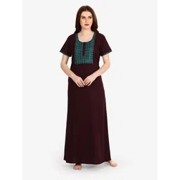 Sand Dune Maroon & Sea Green Yoke Embroidered Maxi Nightdress-picture-34
