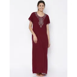 Sand Dune Maroon Embroidered Maxi Nightdress 4081-picture-25