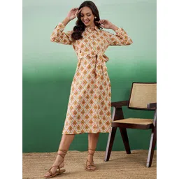 Sangria Abstract Printed Pure Cotton Shirt Ethnic Dress With Belt-picture-12