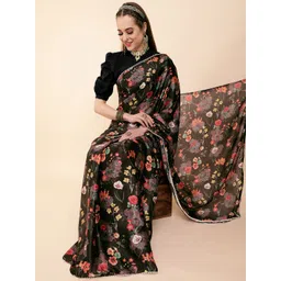 Sangria Black & Red Floral Sequinned Satin Saree-picture-28