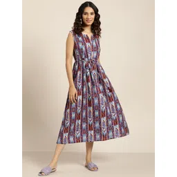 Sangria Blue & Maroon Striped Gathered A-Line Dress-picture-29