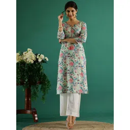 Sangria Blue & Pink Floral Printed V-Neck Cotton Straight Kurtas-picture-35