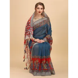 Sangria Blue & Red Ethnic Motifs Pure Linen Saree-picture-36