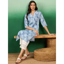 Sangria Blue & White Floral Printed V-Neck Cotton Straight Kurta-picture-34
