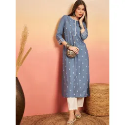 Sangria Blue Ethnic Motifs Embroidered Straight Kurta image 3