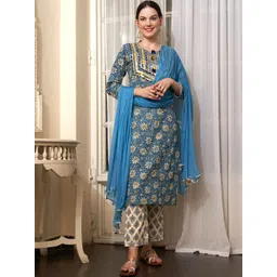 Sangria Blue Ethnic Motifs Printed Cotton Kurta with Trousers & Dupatta-picture-31