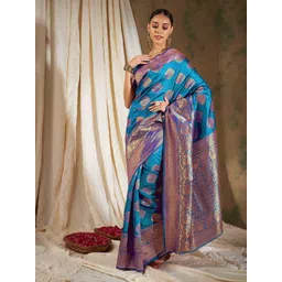 Sangria Blue Ethnic Motifs Woven Design Zari Kanjeevaram Saree-picture-32
