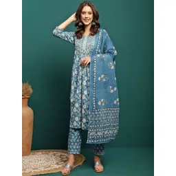 Sangria Blue Floral Printed Gotta Patti Pure Cotton A-Line Kurta With Trouser & Dupatta-picture-10