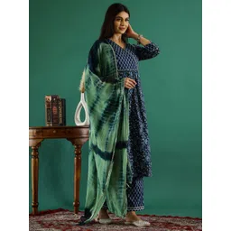 Sangria Blue Floral Printed Gotta Patti Pure Cotton A-Line Kurta With Trousers And Dupatta image 2