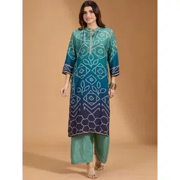 Sangria Blue Floral Printed Mandarin Collar Straight Linen Kurta With Trouser-picture-26