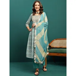 Sangria Blue Floral Printed Pleated Mirror Work A-Line Kurta With Trouser & Dupatta-picture-21