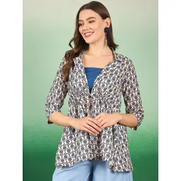 Sangria Blue Floral Printed Shirt Collar Gathered Cotton Empire Top-picture-22