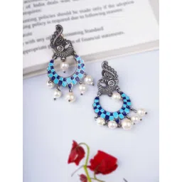 Sangria Blue Silver-Plated Pearls Beaded Peacock Shaped Oxidised Drop Earrings-picture-18