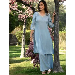 Sangria Blue V-Neck Floral Thread Work Straight Kurta With Palazzos-picture-31