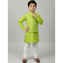 Sangria Boys Bandhani Printed Pure Cotton Straight Kurta & Trousers With Nehru Jacket-picture-28