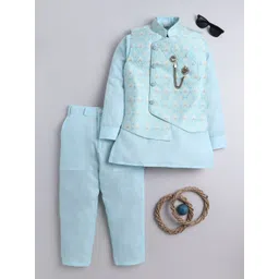 Sangria Boys Blue Mandarin Collar Cotton Silk Kurta With Pyjamas & Printed Waistcoat-picture-21