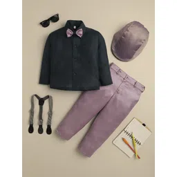 Sangria Boys Full Sleeves Shirt & Trousers Set With Cap Suspender & Bow-picture-54
