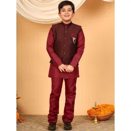 Sangria Boys Woven Design Mandarin Collar Kurta & Pyjamas With Nehru Jacket-picture-42