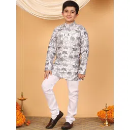 Sangria Boys Zari Embroidered Botanical Printed Mandarin Collar Straight Kurta & Pyjamas-picture-25