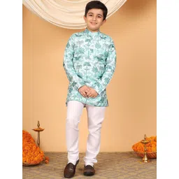 Sangria Boys Zari Embroidered Botanical Printed Mandarin Collar Straight Kurta & Pyjamas-picture-27