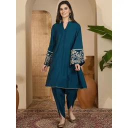 Sangria Embroidered Mandarin Collar A-Line Kurta & Trousers-picture-19