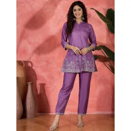 Sangria Embroidered Mandarin Collar Neck Tunic & Trousers Co-Ords-picture-17