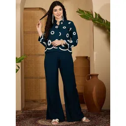 Sangria Embroidered Mandarin Collar Top with Palazzos Co-Ords image 1