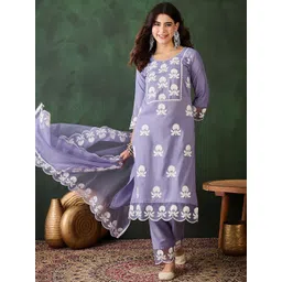 Sangria Embroidered Thread Work Notch Neck Straight Kurta & Trousers With Dupatta-picture-20