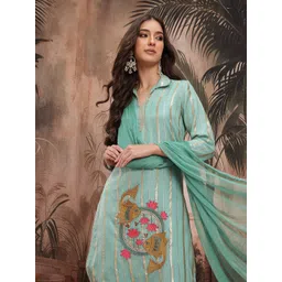 Sangria Embroidered Thread Work Striped Shirt Collar Kurta with Dhoti Pants & Dupatta-picture-41