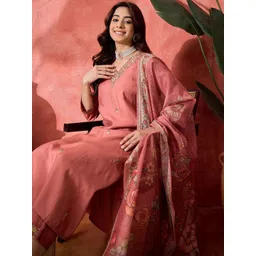 Sangria Embroidered V-Neck Kurta Set With Dupatta-picture-33