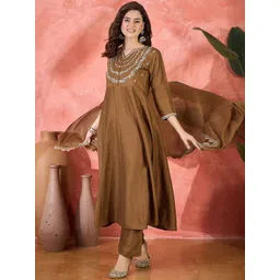 Sangria Embroidered V-Neck Kurta, Trousers & Dupatta Set-picture-26