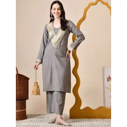 Sangria Embroidered V-Neck Straight Kurta With Trouser-picture-14
